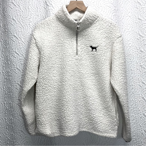 PINK Victoria's Secret Sweaters - VS PINK White Sherpa Quarter Zip Sweater